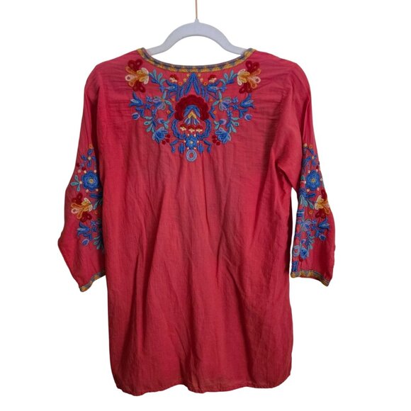 Johnny Was Deep Coral Embroidered V-neck 3/4 Sleeve Tunic Top Size S - Picture 3 of 9